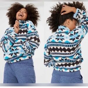 aerie offline blue fair isle quarter zip sherpa jacket